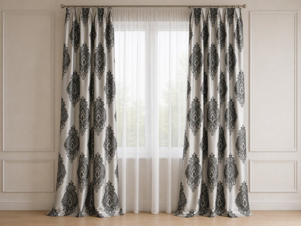 Draperie cu model damasc negru realizată la comandă