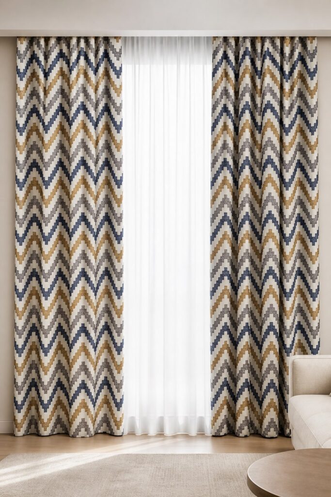 Draperie chevron bleumarin-auriu Zigzag realizată la comandă – în ambient