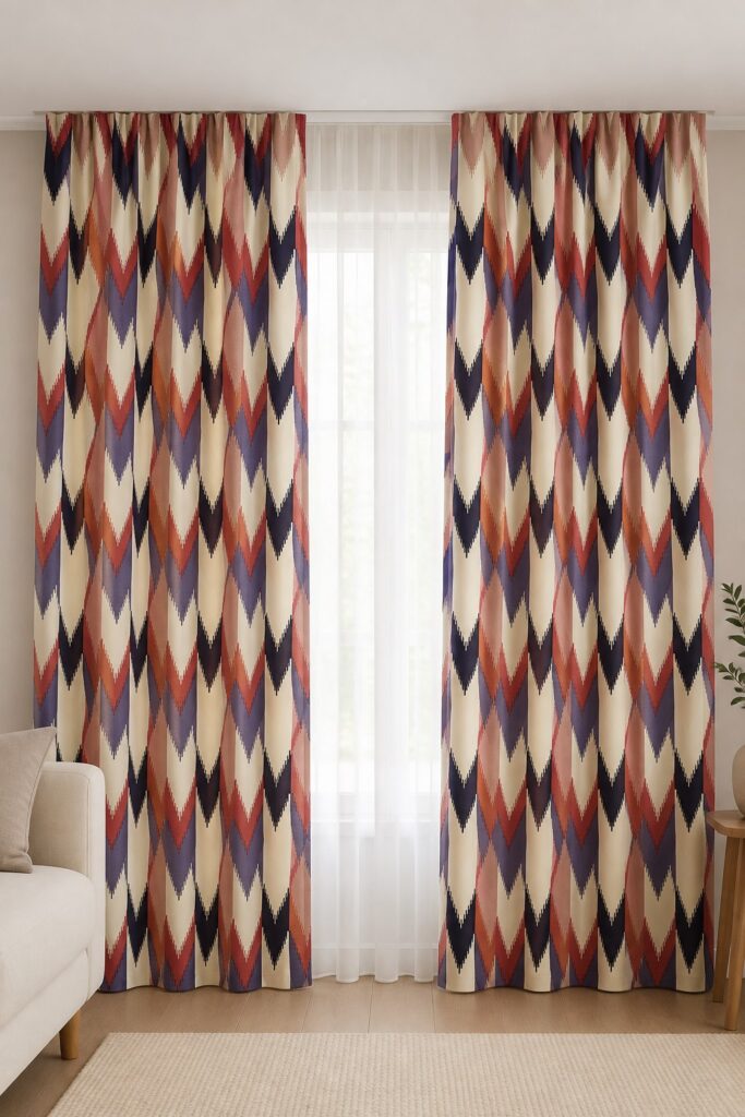 Draperie geometrică bordo-bleumarin Mosaic realizată la comandă – în ambient