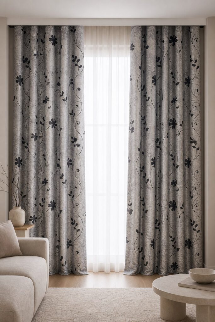 Draperie gri cu broderie florală Flora Noir realizată la comandă – în ambient