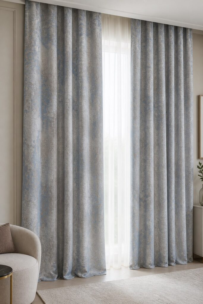 Draperie jacquard argintiu-bleu Aurora realizată la comandă – în ambient