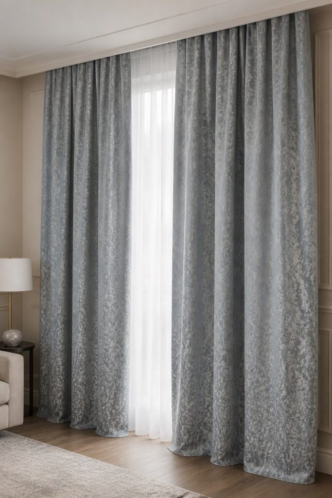 Draperie jacquard bleu-gri Serenity realizată la comandă – în ambient
