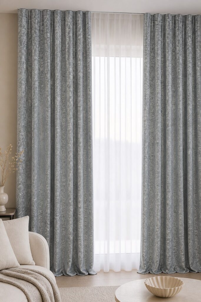 Draperie jacquard gri-perlat Selene realizată la comandă – în ambient