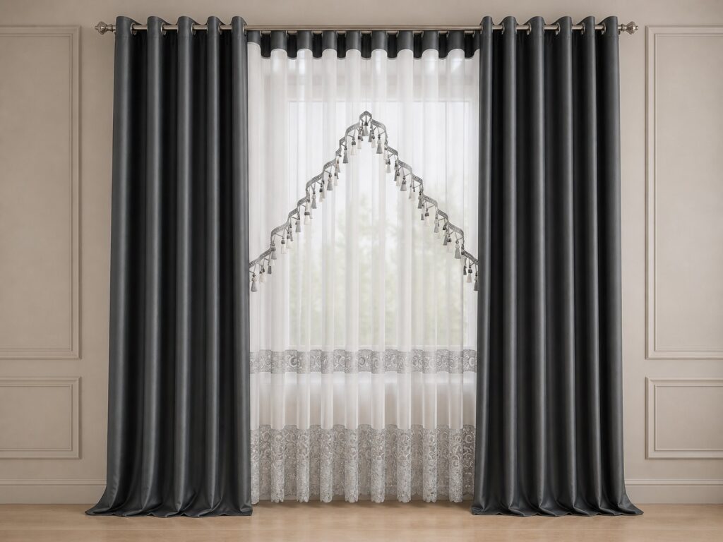 Set draperii antracit cu perdea decorativă realizată la comandă
