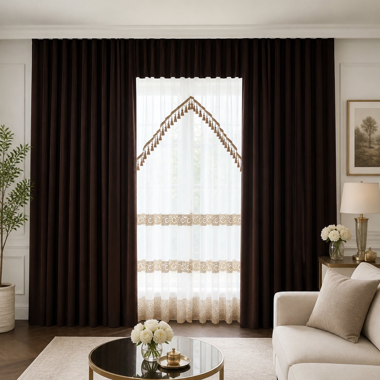 Set draperii din catifea ciocolatie cu perdea brodată